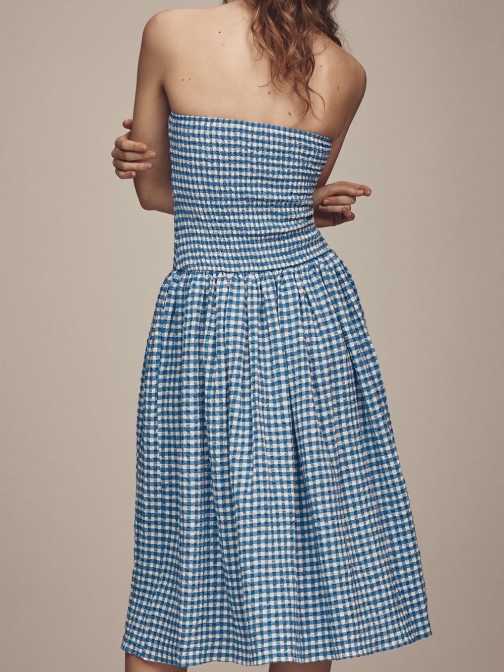 NWT Anthropologie Maeve Strapless Smocked Midi Dress in Blue Gingham Plaid Print - Picture 2 of 5